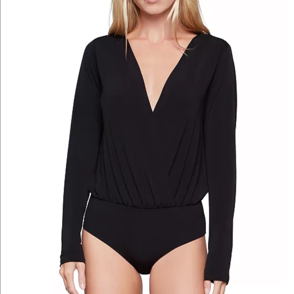 Bcbgeneration Black Surplice V Neck Tie-Back Long Sleeve Bodysuit